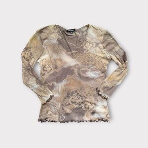 • 90s Y2K Therapy Mesh Top in Brown and Cream 3/4 sleeves sz M